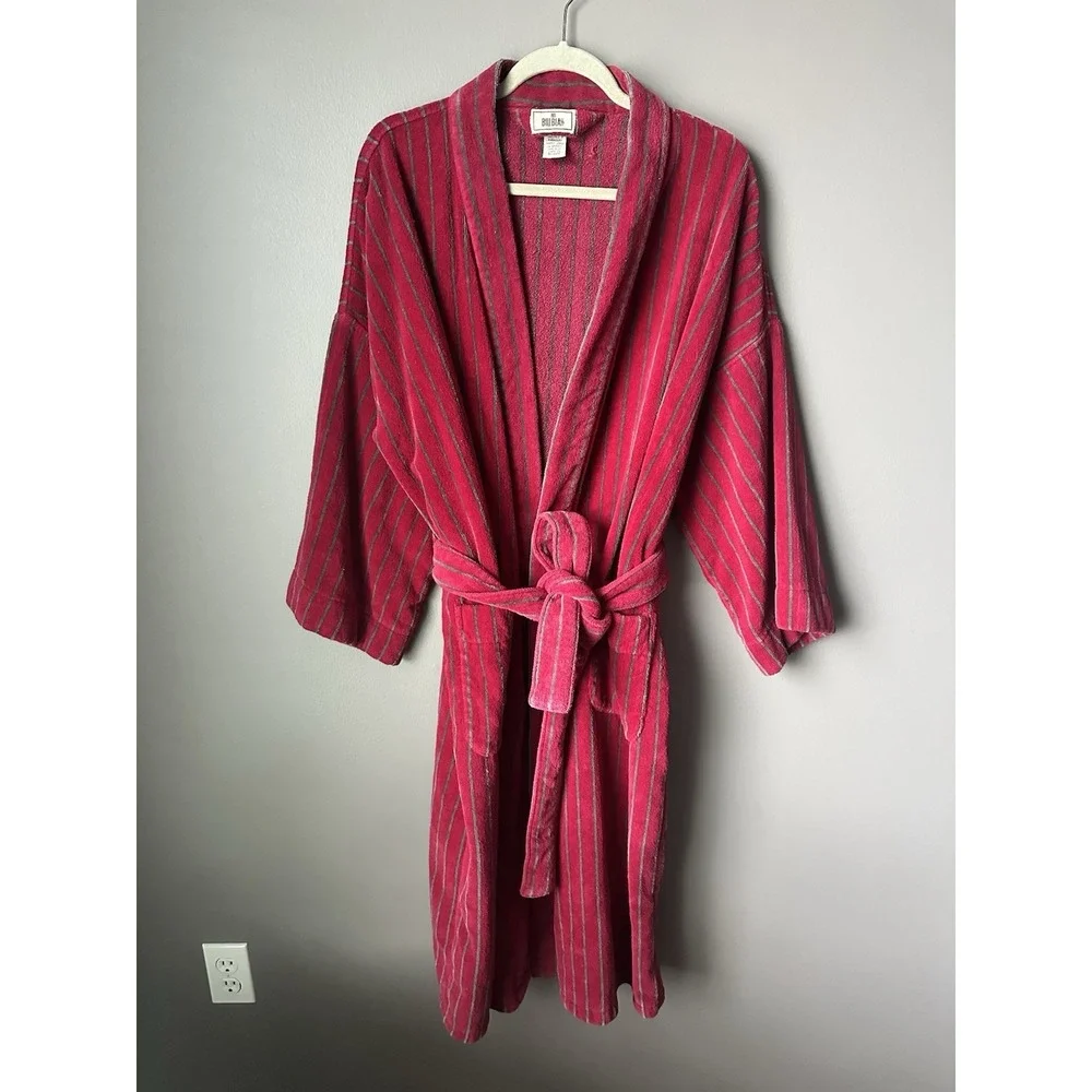 Vintage Bill Blass Robe Mens One Size Burgandy Striped Terry Cotton Belt Lounge